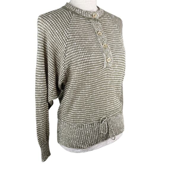 Jaeger Vintage Sweater 34 Inch Army Green Cream Tie Waist Cozy - Picture 6 of 11